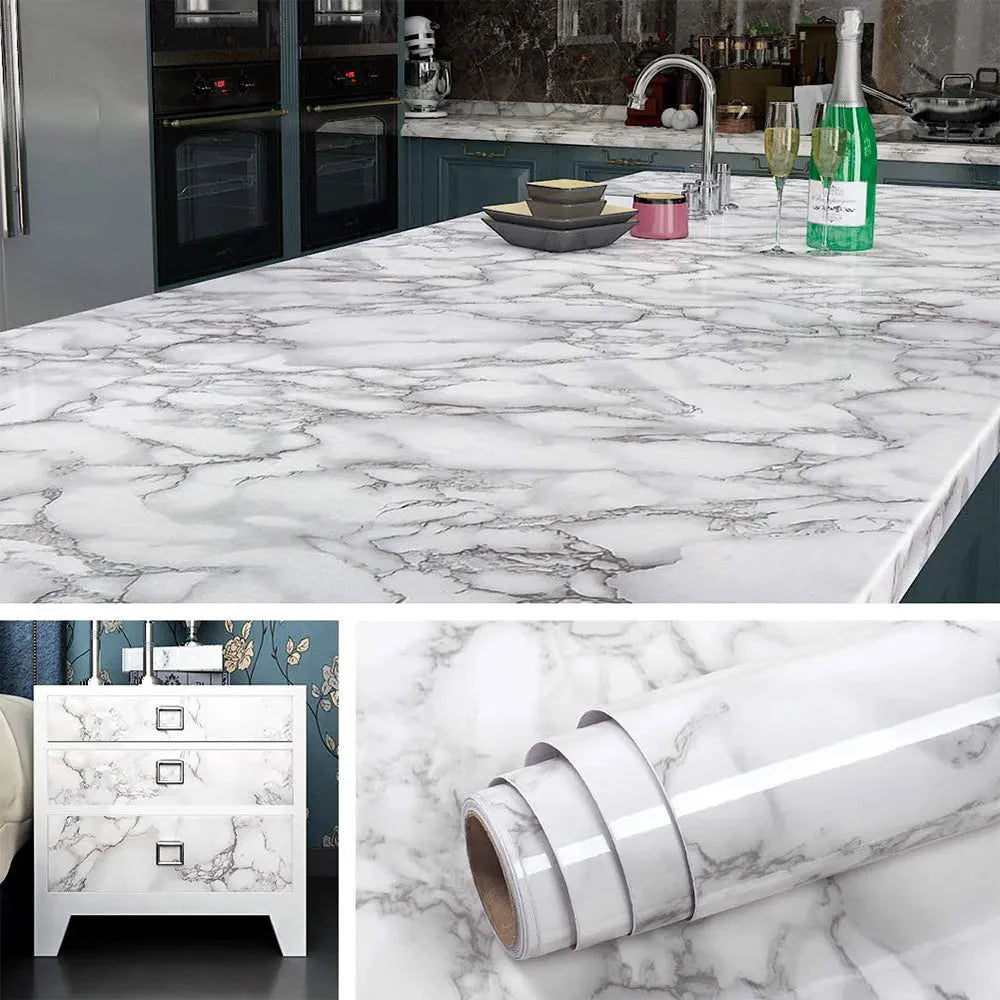 Styles White Marble Pattern Wallpaper Kitchen Desk Wardrobe Home Decor Peel &amp; Stick Waterproof Oil Brand New Asprda 